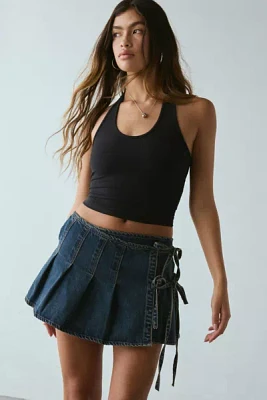 Abrand Pleated Wrap Denim Mini Skirt