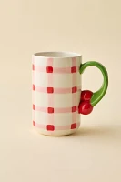 Gingham Pattern Cherry Handle Ceramic Mug