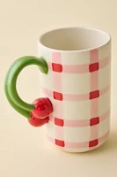 Gingham Pattern Cherry Handle Ceramic Mug