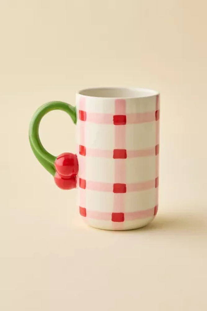 Gingham Pattern Cherry Handle Ceramic Mug