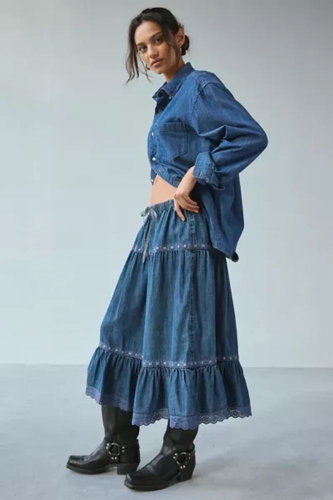 Kimchi Blue Laina Tiered Prairie Denim Midi Skirt