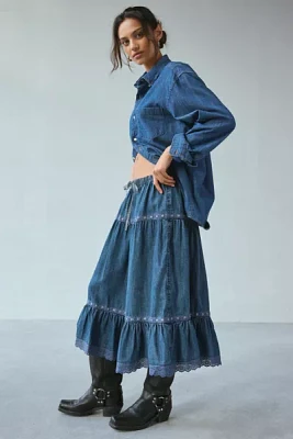 Kimchi Blue Laina Tiered Prairie Denim Midi Skirt