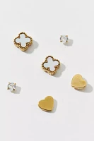 Stainless Steel Heart And Clover Stud Earring Set