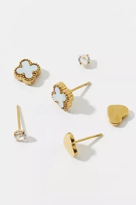 Waterproof Heart And Clover Stud Earring Set