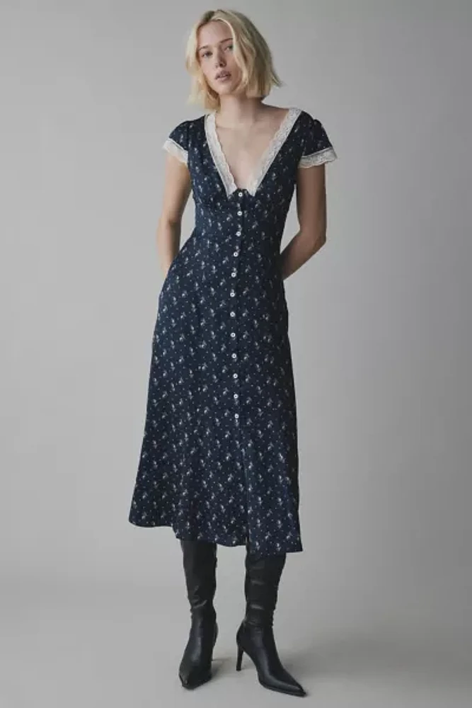 Kimchi Blue Faye Lace Trim Button-Down Midi Dress