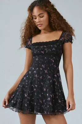 UO Rachel Floral Lace Square Neck Babydoll Mini Dress