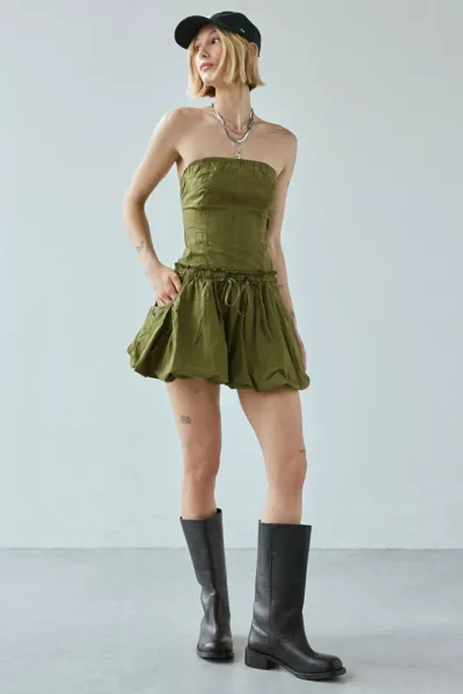 UO Rex Strapless Cargo Bubble Hem Mini Dress