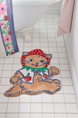 Strawberry Cat Shape Plush Tufted Bath Mat