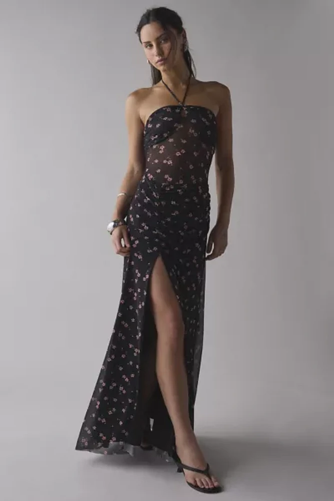 AFRM Britta Ruched Mesh Y-Neck Halter Maxi Dress