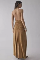 AFRM Heidi Ruched Plunge Halter Maxi Dress