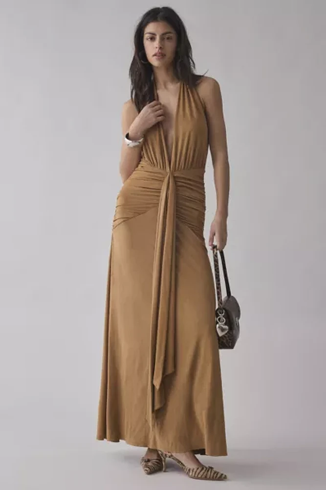 AFRM Heidi Ruched Plunge Halter Maxi Dress