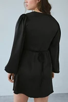 Glamorous Black Satin Long Sleeve Wrap Mini Dress