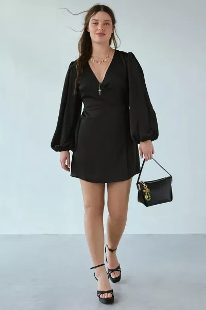 Glamorous Black Satin Long Sleeve Wrap Mini Dress