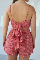 Glamorous Cherries + Checks Tie-Back Satin Romper