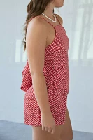 Glamorous Cherries + Checks Tie-Back Satin Romper