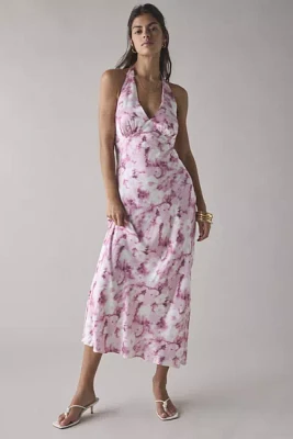Glamorous Pink Blur Daisy Satin Tie-Back Halter Midi Dress