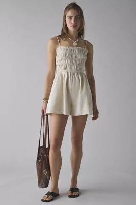 Glamorous Cotton-Linen Blend Ruffle Trim Smocked Romper