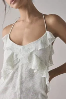 Glamorous Mint Blossom Chiffon Open-Back Ruffle Romper