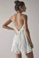 Glamorous Mint Blossom Chiffon Open-Back Ruffle Romper