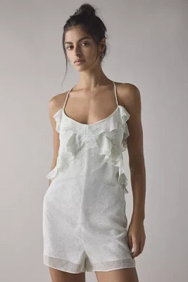 Glamorous Mint Blossom Chiffon Open-Back Ruffle Romper
