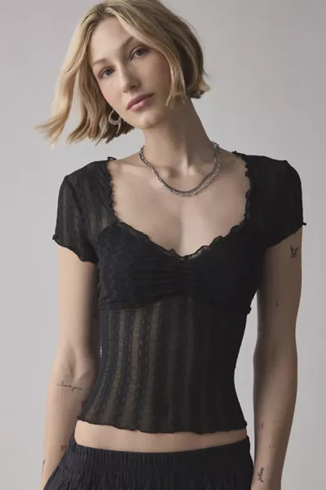 Kimchi Blue Anabella Textured Sheer Mesh Lettuce-Edge Top