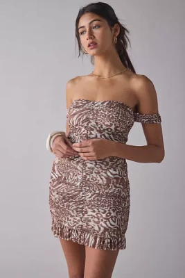 AFRM Tolia Printed Mesh Ruched Off-The-Shoulder Mini Dress