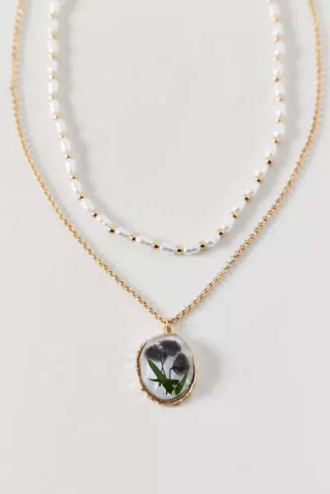 Flora Flower Pendant Pearl Layering Necklace Set