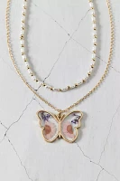 Mariposa Butterfly Pendant Pearl Layering Necklace Set