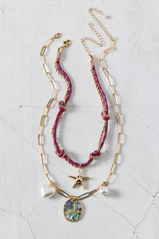 Seaside Corded Pearl Layering Charm Necklace Set
