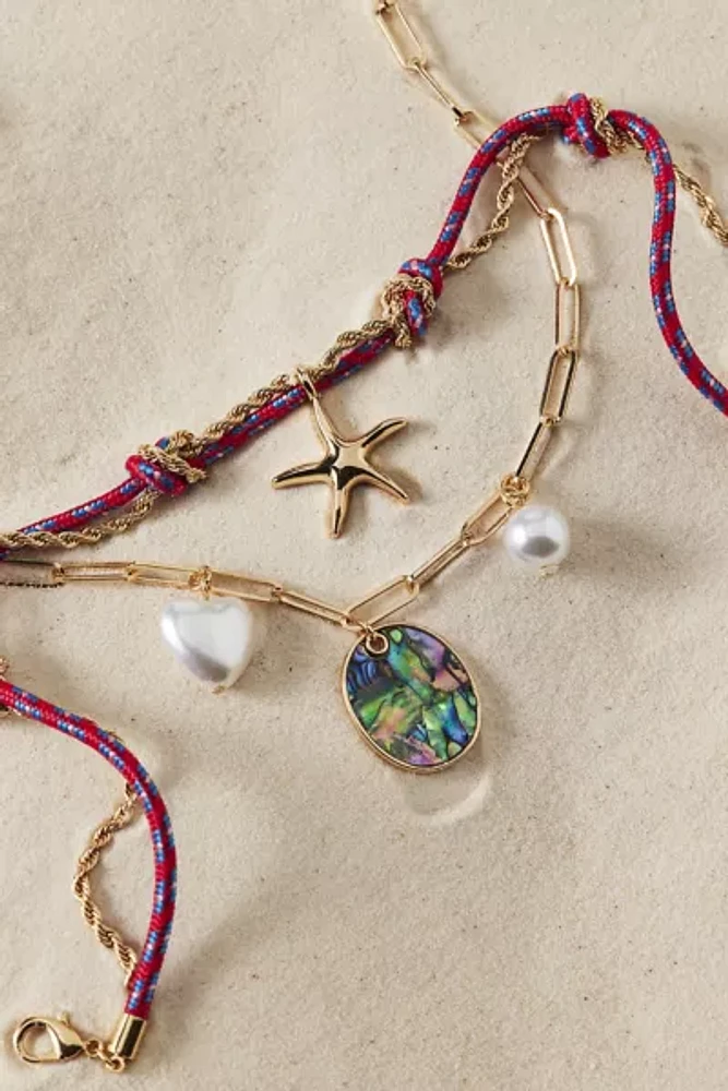 Seaside Corded Pearl Layering Charm Necklace Set