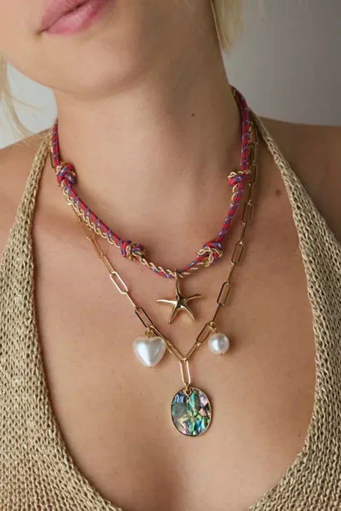Seaside Corded Pearl Layering Charm Necklace Set