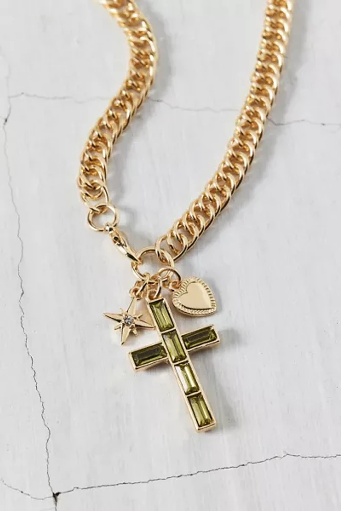 Florence Gem Cross Pendant Curb Chain Necklace