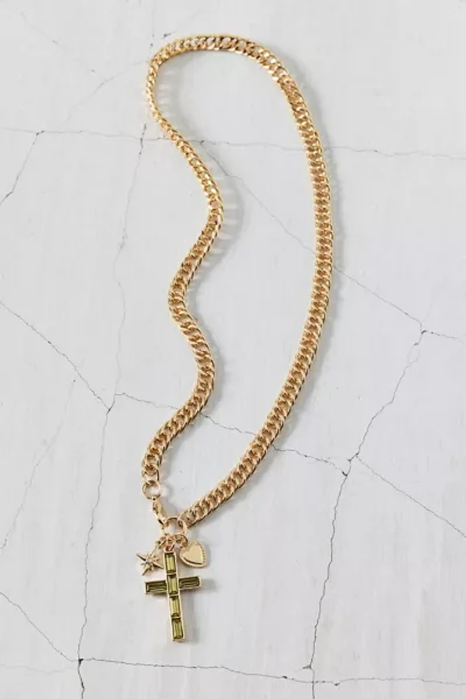 Florence Gem Cross Pendant Curb Chain Necklace
