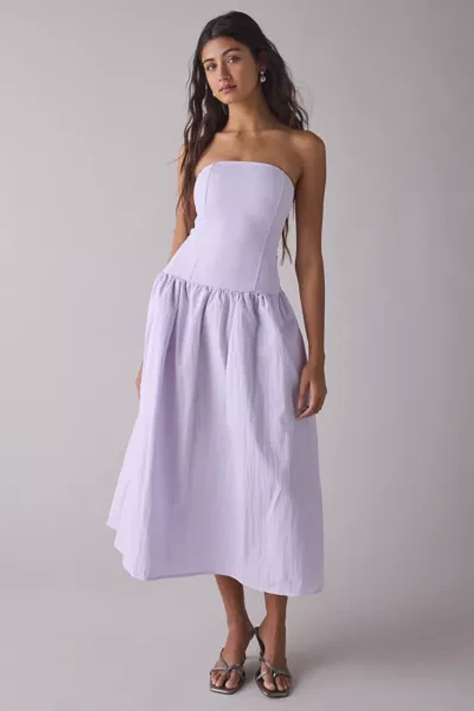 Rare London Strapless Corseted Drop Waist Midi Dress