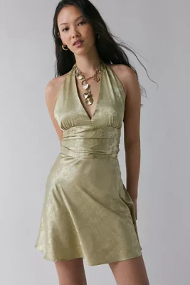 Rare London Floral Satin Plunge Halter Mini Dress
