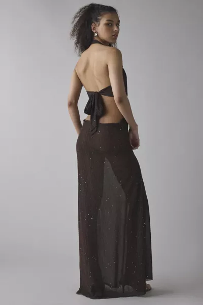 Jaded London Moara Sheer Shimmer Knit Plunge Open-Back Maxi Dress