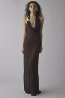 Jaded London Moara Sheer Shimmer Knit Plunge Open-Back Maxi Dress