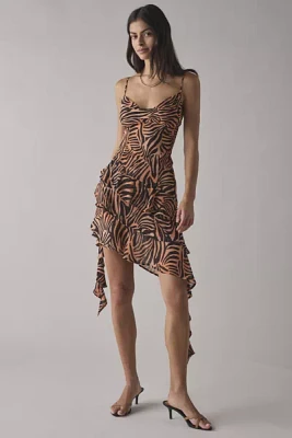 AFRM Ashmont Tiger Print Mesh Cascading Ruffle Mini Dress