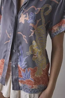 BDG Asher Satin Printed Souvenir Short Sleeve Button-Down Shirt