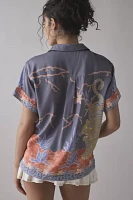 BDG Asher Satin Printed Souvenir Short Sleeve Button-Down Shirt
