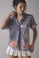 BDG Asher Satin Printed Souvenir Short Sleeve Button-Down Shirt