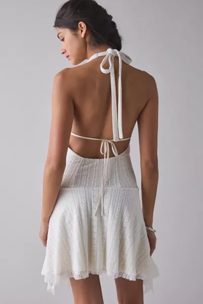 UO Lauren Plunging Halter Tie-Back Lace Mini Dress