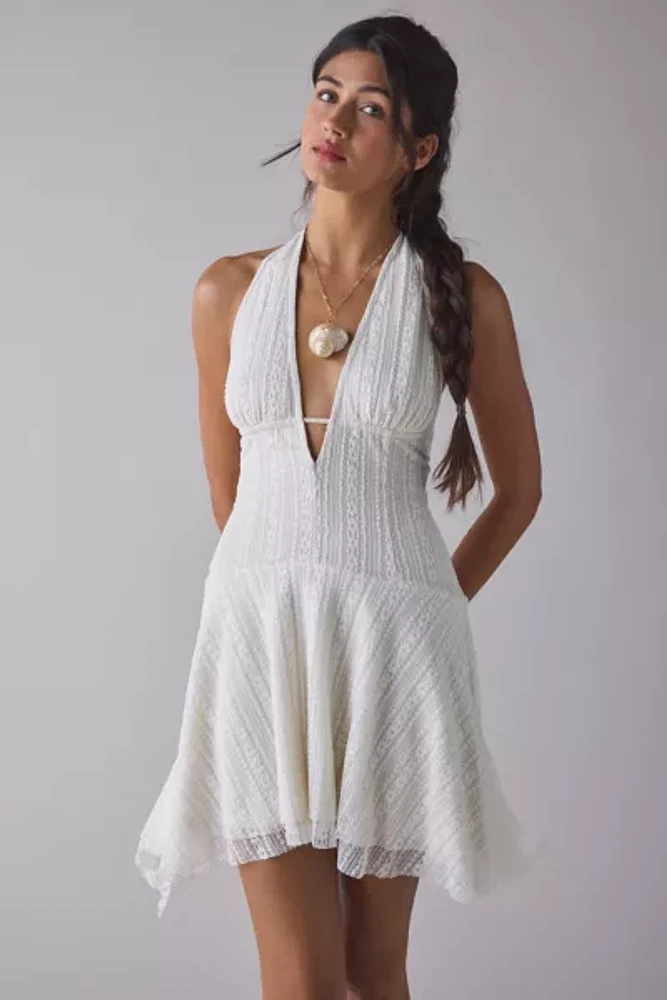 UO Lauren Plunging Halter Tie-Back Lace Mini Dress