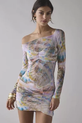 AFRM Ramsey Semi-Sheer Printed Mesh Ruched Bodycon Mini Dress