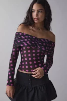 AFRM Lilith Cosmo Dot Off-The-Shoulder Mesh Long Sleeve Top