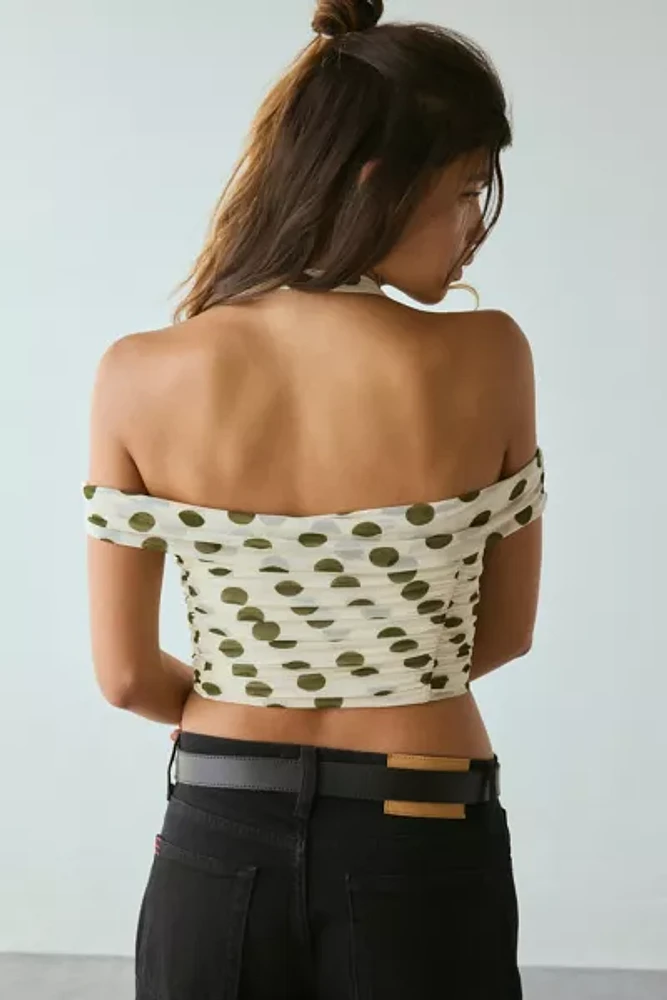 AFRM Elsje Birch Dot Ruched Mesh Off-The-Shoulder Halter Top