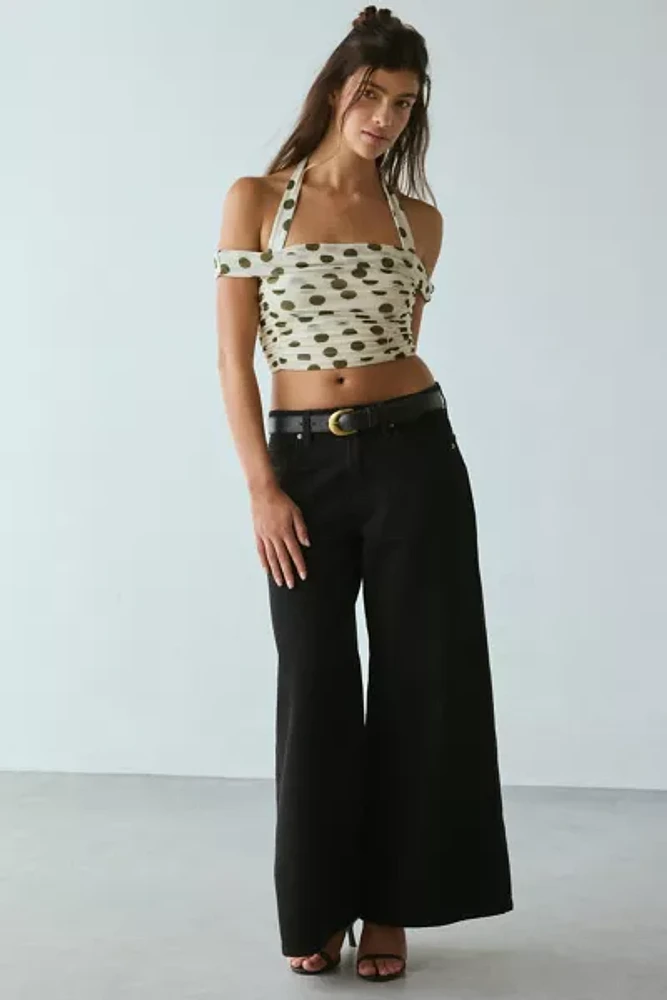 AFRM Elsje Birch Dot Ruched Mesh Off-The-Shoulder Halter Top