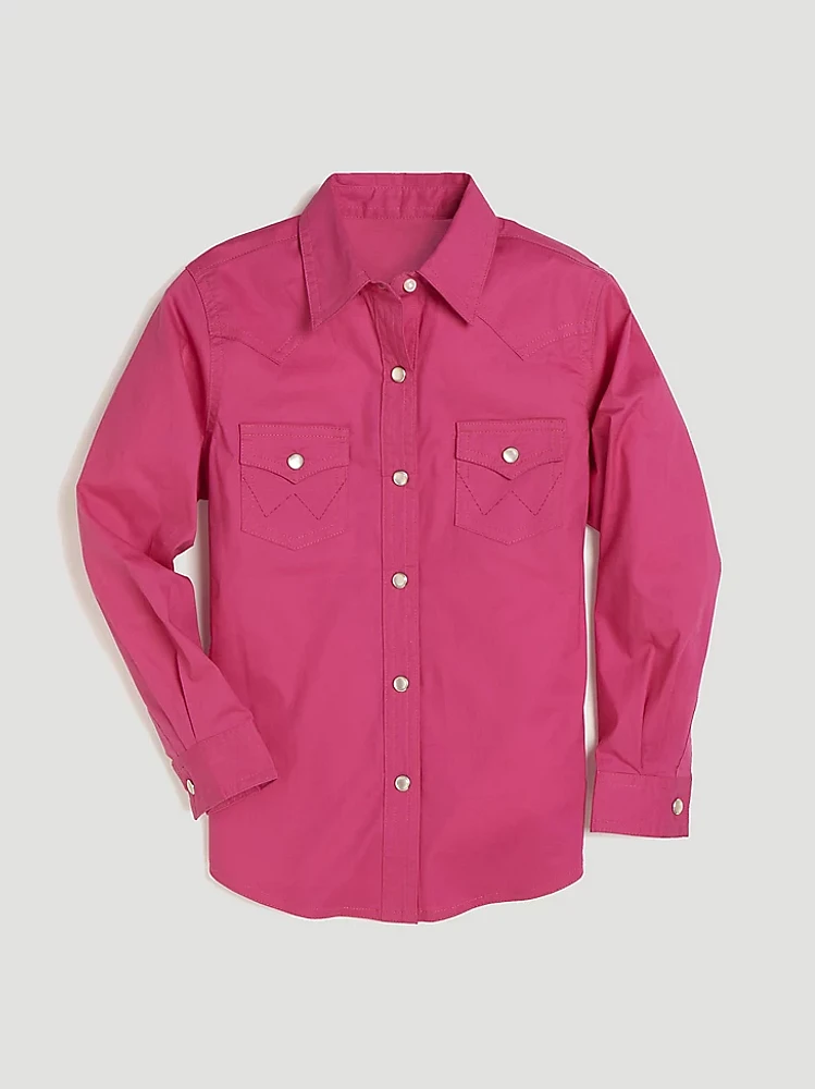 Girl's Long Sleeve Solid Western Snap Shirt Pink