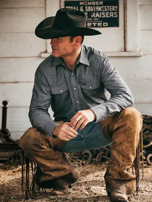 Men's Cowboy Cut Work Chambray Long Sleeve Western Snap Shirt Moonless Night