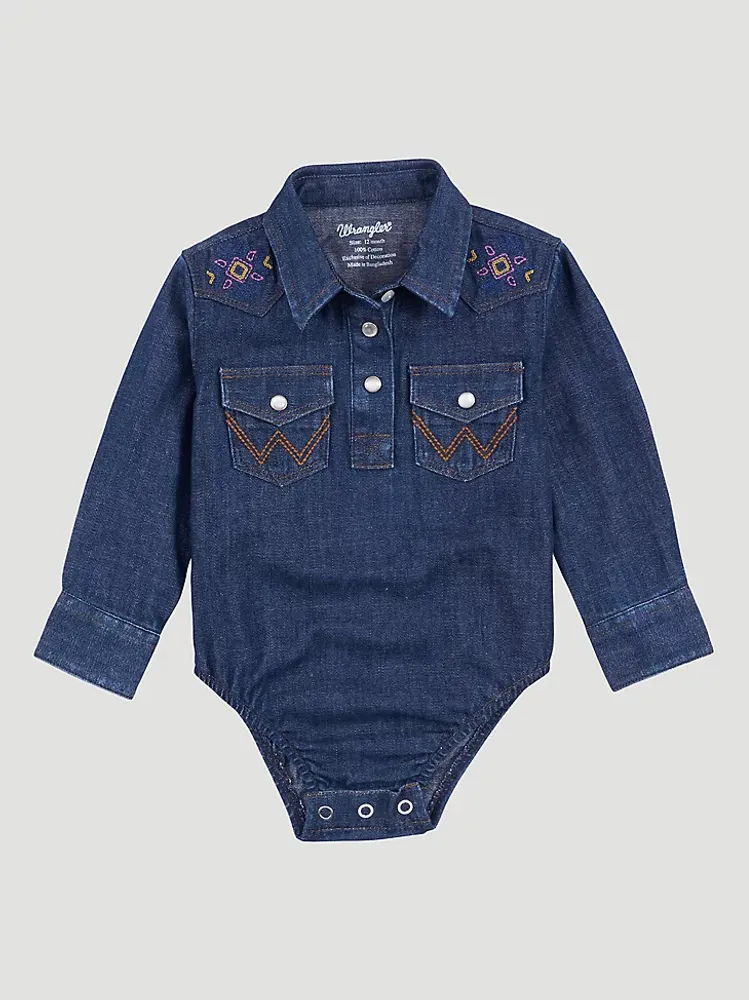 Baby Girl's Embroidered Yoke Denim Bodysuit Blue